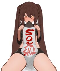 Rule 34 | 1girl, brown hair, chinese clothes, clothes in mouth, clothes lift, flasso, for sale, genshin impact, highres, hu tao (genshin impact), lifted by self, long sleeves, mouth hold, objectification, prostitution, red eyes, sale, shirt in mouth, shirt lift, shorts, sitting, star-shaped pupils, star (symbol), symbol-shaped pupils, white background, woman for sale