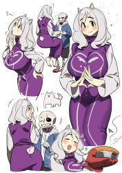 Rule 34 | 1boy, 1girl, absurdres, black eyes, breasts, closed eyes, dog, dress, highres, invisible chair, large breasts, long hair, long sleeves, multiple views, nia (nia4294), open mouth, own hands together, profile, purple dress, sans (undertale), shirt, simple background, sitting, smile, toriel, undertale, white background, white hair, white shirt