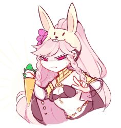 Rule 34 | 1girl, animal ears, artist name, braid, breasts, carrot, cleavage, closed mouth, fake animal ears, fire emblem, fire emblem awakening, fire emblem heroes, frown, highres, long hair, memeh, nintendo, olivia (fire emblem), pink eyes, pink hair, ponytail, rabbit ears, side braid, simple background, solo, twin braids, white background