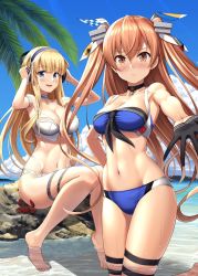 Rule 34 | 2girls, adapted costume, beach, bikini, black gloves, blonde hair, blue bikini, blue eyes, blush, breasts, brown eyes, brown hair, choker, cleavage, closed mouth, collarbone, crab, day, detached sleeves, fletcher (kancolle), gloves, headgear, highres, ichikawa feesu, johnston (kancolle), kantai collection, kneeling, large breasts, long hair, looking at viewer, medium breasts, multiple girls, navel, ocean, open mouth, outdoors, sitting, swimsuit, thigh strap, twintails, wading, white bikini