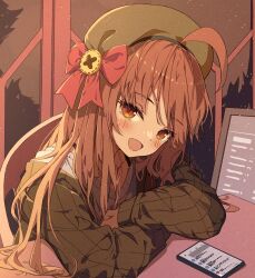Rule 34 | 1girl, :d, ahoge, beret, blush, bow, brown eyes, brown hair, brown hat, brown jacket, cellphone, chair, collarbone, commentary request, hat, highres, jacket, long hair, looking at viewer, on chair, open mouth, original, phone, red bow, seero, shirt, signature, smile, solo, white shirt