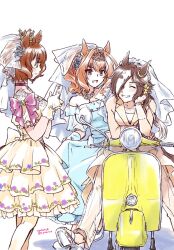 Rule 34 | 3girls, :d, ^ ^, animal ears, aston machan (haute couture memory) (umamusume), aston machan (umamusume), bare shoulders, blue dress, blue flower, blue rose, bridal veil, bride, brown eyes, brown hair, cellphone, closed eyes, commentary request, crown, daiwa scarlet (something blue) (umamusume), daiwa scarlet (umamusume), dated, dress, fang, flower, frilled dress, frills, gloves, green eyes, grin, hair flower, hair intakes, hair ornament, hair over one eye, hands up, highres, holding, holding phone, horse ears, horse girl, horse tail, jacket, kishino, layered dress, mini crown, moped, motor vehicle, multicolored hair, multiple girls, off-shoulder dress, off shoulder, open mouth, pants, pantyhose, phone, pleated dress, profile, rose, sandals, see-through, shadow, shoe soles, simple background, sitting, sleeveless, sleeveless jacket, smile, tail, tiara, twitter username, two-tone hair, umamusume, veil, vodka (heart ignition!!) (umamusume), vodka (umamusume), wedding dress, white background, white dress, white footwear, white gloves, white hair, white jacket, white pants, white pantyhose