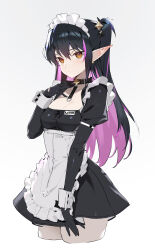Rule 34 | 1girl, apron, black choker, black gloves, breasts, choker, cleavage, gloves, highres, long hair, maid, maid apron, maid headdress, mary (siino), multicolored hair, original, pointy ears, revision, siino, simple background, skirt, solo, white apron, white background, wrist cuffs