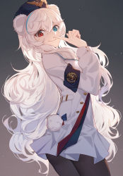 Rule 34 | 1girl, animal ears, arknights, armband, bear ears, bear tail, black headwear, black legwear, blue eyes, blue hair, chinese commentary, commentary request, cowboy shot, dress, gradient background, grey background, hair between eyes, hand up, heterochromia, highres, index finger raised, long hair, long sleeves, looking at viewer, multicolored hair, nian (zhanian), panties, pleated dress, red eyes, rosa (arknights), short dress, silver hair, smile, solo, standing, streaked hair, tail, underwear, very long hair, white dress