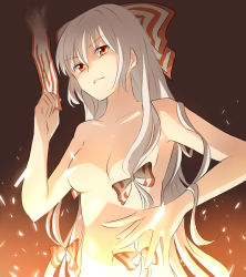 Rule 34 | 1girl, bow, breasts, censored, collarbone, convenient censoring, female focus, fire, fire, fujiwara no mokou, hair bow, hair ribbon, long hair, medium breasts, miyo (ranthath), navel, nude, out-of-frame censoring, ribbon, silver hair, solo, sparks, spell card, touhou, tress ribbon, upper body, yellow eyes