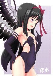 Rule 34 | 1girl, akemi homura, akuma homura, black bow, black hair, blush, bow, breasts, cameltoe, covered navel, cowboy shot, elbow gloves, female focus, gloves, hair bow, highres, long hair, mahou shoujo madoka magica, open mouth, qm, simple background, small breasts, solo, standing, wings