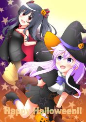 Rule 34 | absurdres, bare shoulders, black hair, boots, breasts, broom, candy, cape, dress, food, gloves, hair ornament, hairclip, halloween, hat, highres, long hair, moon, nepgear, neptune (series), pumpkin, purple eyes, purple hair, red eyes, ribbon, shirt, skirt, small breasts, swirl gear, twintails, two side up, uni (neptunia), vampire, witch