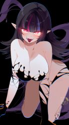 1girl all_fours artist_logo artist_name bare_shoulders black_gloves black_hair blue_hair breasts cleavage emma_llama fangs gloves glowing glowing_eyes highres himary_art indie_virtual_youtuber large_breasts liquid_clothes logo long_hair open_mouth pink_eyes pink_hair pointy_ears solo virtual_youtuber