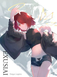 Rule 34 | 1girl, arknights, bad id, bad pixiv id, bare shoulders, blush, breasts, brown eyes, crop top, detached wings, energy wings, exusiai (arknights), hair over one eye, halo, highres, jacket, looking at viewer, medium breasts, midriff, navel, red hair, short hair, shorts, smile, solo, unbuttoned, wings