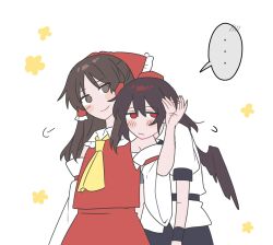 Rule 34 | ..., 2girls, ascot, bird wings, blush, bow, brown eyes, brown hair, closed mouth, collared shirt, commentary, detached sleeves, exhausted, flying sweatdrops, frilled bow, frilled hair tubes, frills, hair bow, hair tubes, hakurei reimu, hat, head on another&#039;s shoulder, headpat, highres, long hair, motion lines, multiple girls, open mouth, pointy ears, puffy short sleeves, puffy sleeves, red bow, red eyes, red hat, sakic43899, shameimaru aya, shirt, short sleeves, smile, speech bubble, tokin hat, touhou, white shirt, wings