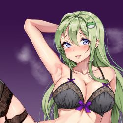 Rule 34 | 1girl, amagi (amagi626), arm behind head, arm up, armpits, black bra, black thighhighs, blue eyes, blush, bra, breasts, breasts day, cleavage, collarbone, commentary, cropped, frog hair ornament, garter straps, gradient background, green eyes, hair between eyes, hair ornament, highres, kochiya sanae, lace, lace-trimmed bra, lace-trimmed legwear, lace trim, large breasts, lips, long hair, looking at viewer, open mouth, purple background, sample watermark, seductive smile, simple background, skindentation, smile, solo, steaming body, thighhighs, touhou, underwear, underwear only, upper body, watermark