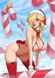 Rule 34 | 1girl, :d, bent over, blonde hair, blue eyes, bra, breasts, candy, candy cane, christmas, cleavage, cupless bra, deilan12, eyeshadow, food, hair over one eye, hat, highres, lips, looking at viewer, luma (mario), makeup, mario (series), medium breasts, naked ribbon, nintendo, nipples, open mouth, oversized food, oversized object, red lips, red thighhighs, ribbon, rosalina, santa hat, smile, solo, super mario galaxy, thighhighs, underwear