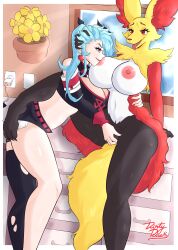 Rule 34 | 2girls, absurdres, akeno(itsnafulol), animal ears, black fur, blue hair, breast sucking, breasts, clothed female nude female, counter, couple, creatures (company), delphox, dirtyduckart, fingering, flower, fox ears, fox tail, furry, furry female, furry with non-furry, game freak, gen 6 pokemon, hand on another&#039;s head, highres, huge breasts, interspecies, jacket, kitchen, leg lift, leggings, legs apart, multiple girls, nintendo, nipples, nude, phone, pokemon, purple eyes, red eyes, red fur, short shorts, shorts, tail, tongue, tongue out, torn clothes, twintails, waist grab, yellow fur, yuri