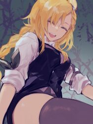Rule 34 | 1girl, animal ears, arknights, black shorts, black thighhighs, black vest, blonde hair, braid, breasts, closed eyes, collared shirt, commentary, from below, highres, kroos (arknights), kroos the keen glint (arknights), long hair, looking at viewer, looking down, medium breasts, open mouth, shirt, shorts, shouganaigame, sleeves rolled up, solo, teeth, thighhighs, thighs, upper teeth only, vest, white shirt