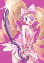 Rule 34 | 1girl, blonde hair, colored eyepatch, cowboy shot, dress, drill hair, eyepatch, harime nui, hege7342, highres, holding, holding weapon, kill la kill, long hair, pink dress, pink wrist cuffs, purple background, scissor blade (kill la kill), simple background, sleeveless, sleeveless dress, solo, standing, twin drills, very long hair, weapon, wrist cuffs