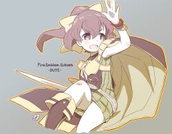 Rule 34 | 1girl, arm up, armpits, boots, bow, brown cape, brown footwear, cape, copyright name, cropped legs, delthea (fire emblem), dress, fang, fire emblem, fire emblem echoes: shadows of valentia, green dress, grey background, hair bow, holding, holding sword, holding weapon, long hair, mawaru (mawaru), nintendo, orange outline, ponytail, simple background, skin fang, solo, sword, weapon, yellow bow