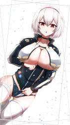 Rule 34 | 1girl, :o, arm under breasts, azur lane, black choker, blue buruma, blue jacket, braid, breast curtains, breasts, buruma, choker, cleavage, collarbone, commentary request, cowboy shot, diffraction spikes, dutch angle, french braid, frilled choker, frills, gluteal fold, hair between eyes, hairband, highres, inconvenient breasts, jacket, lace-trimmed hairband, lace trim, large breasts, lens flare, long sleeves, looking at viewer, red eyes, red hairband, ribbon-trimmed legwear, ribbon trim, ru-ne, short hair, sidelocks, simple background, sirius (azur lane), sirius (azure horizons) (azur lane), skindentation, solo, standing, thighhighs, track jacket, white background, white hair, white thighhighs, zipping