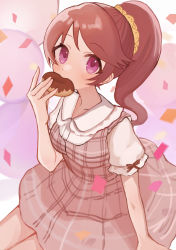 Rule 34 | 1girl, absurdres, balloon, blush, commentary request, confetti, cowboy shot, docaster, doughnut, dress, dutch angle, eating, food, highres, holding, holding food, idolmaster, idolmaster cinderella girls, looking at viewer, plaid, plaid dress, ponytail, red eyes, red hair, shiina noriko, short sleeves, skirt, solo