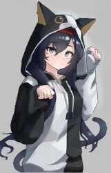 Rule 34 | 1girl, animal hood, arknights, black hair, black sweater, blaze (arknights), blue eyes, cat girl, cat hood, cat tail, commentary, dated commentary, drawstring, grey background, hair between eyes, hairband, hands up, hood, hood up, hooded sweater, jambujok, light blush, long sleeves, official alternate costume, paw pose, red hairband, simple background, solo, sweater, tail, two-tone sweater, white sweater