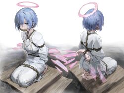 Rule 34 | 1girl, a tea, arknights, arms behind back, bdsm, blue hair, bondage, bound, breasts, detached wings, disembodied hand, energy wings, full body, gagged, halo, highres, how to, japanese clothes, looking at viewer, medium breasts, multiple views, seiza, shibari, short hair, sitting, spuria (arknights), wings, yellow eyes
