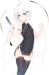 Rule 34 | 1girl, ahoge, bare shoulders, black dress, black panties, black thighhighs, blue eyes, blush, breasts, china dress, chinese clothes, closed mouth, dress, earrings, feet out of frame, hair between eyes, hair ornament, hairclip, hands up, highres, jewelry, long sleeves, original, otokuyou, panties, ringo-chan (otokuyou), short hair, small breasts, solo, standing, thighhighs, underwear, white background, white hair