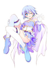 Rule 34 | 10s, 1girl, ;d, ankle boots, blue eyes, blue hair, blush, boots, cape, full body, gloves, hayakawa harui, legs, long legs, magical girl, mahou shoujo madoka magica, mahou shoujo madoka magica (anime), matching hair/eyes, miki sayaka, one eye closed, open mouth, short hair, simple background, smile, solo, thighhighs, thighs, waving, white gloves, white thighhighs, wink