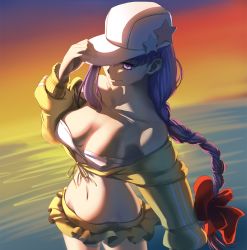 Rule 34 | 1girl, allen riv, asymmetrical hair, bandeau, bare shoulders, baseball cap, bb (fate), bb (fate) (all), bb (swimsuit mooncancer) (fate), beach, braid, breasts, cleavage, collarbone, cropped jacket, fate/grand order, fate (series), gradient sky, hat, hat ornament, highres, jacket, large breasts, long hair, long sleeves, looking at viewer, midriff, miniskirt, ocean, orange sky, purple eyes, purple hair, purple sky, single braid, skirt, sky, smile, solo, star (symbol), star hat ornament, sunset, thighs, twilight, very long hair, white hat, yellow jacket, yellow skirt