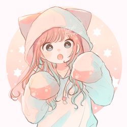 Rule 34 | 1girl, :o, absurdres, animal hood, blue eyes, blush, collarbone, commentary, drawstring, fang, highres, hood, hoodie, long hair, looking at viewer, mokunoki, open mouth, orange hair, original, red background, signature, sleeves past fingers, sleeves past wrists, solo, upper body, white background, white hoodie