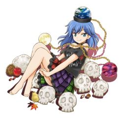 Rule 34 | 1girl, apple, bare shoulders, barefoot, black choker, black shirt, blue eyes, blue hair, chain, choker, clothes writing, commentary request, drop shadow, earth (ornament), food, fruit, full body, green skirt, hecatia lapislazuli, hecatia lapislazuli (earth), hirasaka makoto, knees up, leaf, long hair, looking at viewer, miniskirt, moon (ornament), multicolored clothes, multicolored skirt, off-shoulder shirt, off shoulder, pear, plaid, plaid skirt, purple skirt, red skirt, shirt, short sleeves, simple background, sitting, skirt, skull, smile, solo, t-shirt, touhou, white background