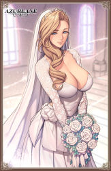 Rule 34 | 1girl, absurdres, aqua eyes, azur lane, blonde hair, blue eyes, blurry, blurry background, bouquet, breasts, bridal veil, bride, church, cleavage, closed mouth, crown, curly hair, detached sleeves, dress, earrings, eyebrows, flower, happy, highres, holding, holding bouquet, hood (azur lane), indoors, jewelry, large breasts, long hair, looking at viewer, necklace, oda non, pearl necklace, smile, solo, standing, veil, wedding dress, white dress, white flower, window