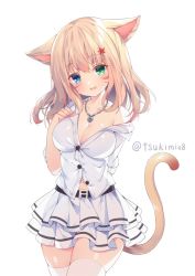 Rule 34 | 1girl, animal ears, arm behind back, artist name, bare shoulders, belt, blonde hair, blue eyes, breasts, buttons, cat day, cat ears, cat tail, cleavage, commentary request, facial mark, final fantasy, final fantasy xiv, green eyes, hair ornament, hand on own chest, heterochromia, jewelry, large breasts, long hair, medium breasts, miqo&#039;te, necklace, no bra, off shoulder, shirt, simple background, skirt, smile, solo, tail, thighhighs, tsukimi (xiaohuasan), warrior of light (ff14), white background, white shirt, white skirt, white thighhighs, zettai ryouiki