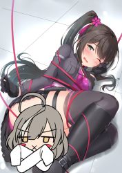 Rule 34 | 1girl, arm at side, assault lily, black footwear, black gloves, black jacket, black thighhighs, blush, boots, bound, bound legs, bound torso, breast pocket, breasts, brown hair, censored, character censor, commentary request, feet out of frame, flower, gloves, green eyes, gungun (hakutou7887), hair flower, hair ornament, hair spread out, half-closed eye, hand up, high ponytail, highres, indoors, jacket, japanese clothes, kimono, knee boots, leotard, long hair, long sleeves, looking at viewer, lying, medium breasts, novelty censor, official alternate costume, on floor, on side, one eye closed, open clothes, open jacket, pink flower, pink kimono, pocket, pouch, print kimono, sasaki ran, serizawa chikaru, side ponytail, sidelocks, string, swept bangs, tassel, tassel hair ornament, thigh pouch, thigh strap, thighhighs, tile floor, tiles