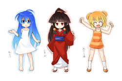Rule 34 | 3girls, ass, black hair, blonde hair, blue eyes, blue hair, blush, child, dress, flame iii, flat chest, japanese clothes, kimono, kso, long hair, multiple girls, nuclear iii, open mouth, original, red eyes, sandals, shoes, short hair, smile, socks, water i