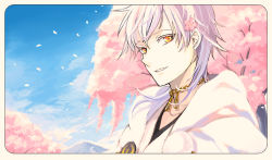 Rule 34 | 10s, 1boy, bad id, bad pixiv id, cezaria, cherry blossoms, cloud, day, looking at viewer, male focus, outdoors, parted lips, pink hair, portrait, sky, solo, touken ranbu, tree, tsurumaru kuninaga, upper body, yellow eyes