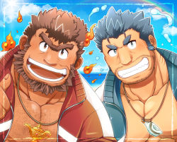 Rule 34 | 2boys, bara, beach, blue eyes, blue hair, blue jacket, blush, brown hair, chest hair, commentary request, dark-skinned male, dark skin, facial hair, fins, fire, fish boy, grin, jacket, jewelry, jinn (housamo), kontahsm, lamp, large pectorals, long sideburns, looking at viewer, male focus, mature male, multiple boys, muscular, muscular male, necklace, open clothes, open jacket, pectoral cleavage, pectorals, rainbow, red jacket, sharp teeth, shell, shell necklace, short hair, sideburns, smile, stubble, teeth, thick eyebrows, tokyo houkago summoners, track jacket, triton (housamo), unibrow, water
