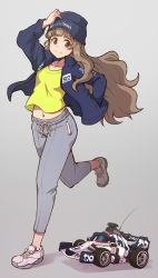 Rule 34 | 1girl, arm up, beanie, blue hat, blue jacket, blunt bangs, brown hair, car, closed mouth, formula racer, grey background, grey pants, hand on headwear, hat, idolmaster, idolmaster cinderella girls, jacket, kamiya nao, long hair, long sleeves, looking at viewer, midriff, navel, open clothes, open jacket, pants, race vehicle, racecar, red eyes, satomura kyou, shirt, shoes, simple background, smile, sneakers, solo, thick eyebrows, toy, white footwear, yellow shirt