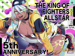 Rule 34 | 1girl, ass, baseball cap, blue hair, breasts, choker, cleavage, dark-skinned female, dark skin, disembodied hand, earrings, finger tattoo, graffiti, green eyes, hat, highres, isla (kof), jacket, jewelry, leg tattoo, light blue hair, long hair, looking at viewer, mask, mask around neck, medium breasts, multicolored hair, official art, oversized clothes, paint can, ponytail, respirator, signature, snk, solo, spray can, spray paint, tank top, tattoo, the king of fighters, the king of fighters all-stars, thumb ring, torn clothes, torn tank top, yumi saji