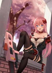 Rule 34 | 1girl, absurdres, black gloves, black thighhighs, blue eyes, blush, bow, breasts, chainsaw, choker, cleavage, collarbone, commission, garter straps, gloves, hair bow, highres, hood, hoodie, kaosu kun, knee up, large breasts, long hair, long sleeves, looking at viewer, open mouth, original, pink hair, red bow, sitting, smile, solo, thighhighs, very long hair, zipper pull tab