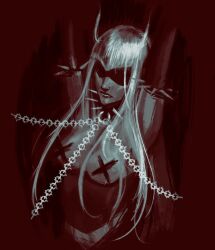 Rule 34 | 1girl, arms up, blunt bangs, breasts, censored, censored nipples, chain, commentary request, fangs, limited palette, long hair, medium breasts, original, shaded face, solo, spikes, steadyknight, topless, upper body, white hair
