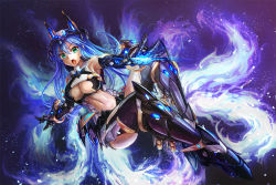 Rule 34 | armpits, blue hair, breasts, cleavage, fiery tail, fox girl, freeze-ex, full body, glowing, glowing tail, green eyes, hair between eyes, mecha musume, multiple tails, original, solo, tagme, tail, thighhighs, v-shaped eyebrows
