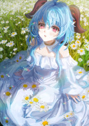 Rule 34 | 1girl, alternate costume, bare shoulders, blue hair, collar, commentary, dress, field, flower, flower field, ganyu (genshin impact), genshin impact, goat horns, highres, horns, long hair, long sleeves, looking at viewer, off-shoulder dress, off shoulder, open mouth, pink eyes, sealgege, signature, solo, white collar, white dress, white flower