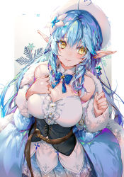 Rule 34 | 1girl, ahoge, bare shoulders, beret, blouse, blue coat, blue flower, blue hair, blue skirt, braid, breasts, center frills, cleavage, coat, flower, frilled skirt, frills, fur-trimmed coat, fur-trimmed sleeves, fur trim, hair between eyes, hair flower, hair ornament, half updo, hands up, hat, heart, heart ahoge, hololive, kinokohime, long hair, looking at viewer, medium breasts, multicolored hair, open clothes, open coat, pleated skirt, pointy ears, print skirt, purple hair, shirt, skirt, sleeveless, sleeveless shirt, snowflake background, snowflake print, solo, streaked hair, very long hair, virtual youtuber, white flower, white hat, white shirt, yellow eyes, yukihana lamy