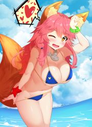 Rule 34 | 1girl, animal ears, bad id, bad pixiv id, bikini, bikini pull, blue bikini, blush, bracelet, breasts, cleavage, clothes pull, cloud, day, fang, fate/grand order, fate (series), fox ears, fox tail, hair tie, hand on own head, heart, jewelry, large breasts, long hair, looking at viewer, navel, necklace, ocean, one eye closed, open mouth, pink hair, ratio (ratio-d), sky, smile, solo, spoken heart, swimsuit, tail, tamamo (fate), tamamo no mae (fate/extra), tamamo no mae (swimsuit lancer) (fate), yellow eyes