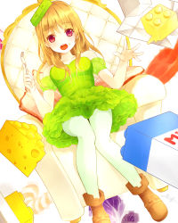 Rule 34 | 1girl, :o, absurdres, ahira yuzu, bare shoulders, blonde hair, blush, bow, breasts, brown footwear, butter, chair, cheese, detached sleeves, dot nose, dress, dutch angle, food, food on face, fork, green bow, hair bow, highres, holding, holding fork, knees together feet apart, leggings, lego, lettuce, long hair, looking at viewer, medium breasts, milk carton, mini person, minigirl, original, pillow, puffy short sleeves, puffy sleeves, red eyes, round teeth, shoes, short sleeves, sitting, solo, strapless, strapless dress, teeth, throw pillow, white leggings