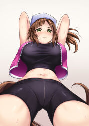 Rule 34 | 1girl, arms up, bike shorts, blush, breasts, brown hair, closed mouth, cowboy shot, crop top, cropped jacket, diagonal bangs, from below, green eyes, highres, horse girl, horse tail, ines fujin (umamusume), jacket, large breasts, long hair, midriff, navel, open clothes, open jacket, shirt, side ponytail, simple background, solo, tail, taut clothes, taut shirt, teaclaw, tight clothes, umamusume, visor cap, white background