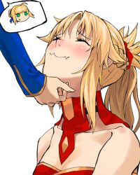 Rule 34 | 2girls, ^ ^, ahoge, artoria pendragon (all), artoria pendragon (fate), blonde hair, blush, chibi, chibi inset, closed eyes, collarbone, detached collar, fang, fang out, fate/apocrypha, fate/grand order, fate (series), hand on another&#039;s chin, high ponytail, highres, long hair, mordred (fate), mordred (fate/apocrypha), multiple girls, out of frame, parted bangs, red scrunchie, saber (fate), scrunchie, simple background, smile, speech bubble, stroking another&#039;s chin, sweatdrop, upper body, white background, zonotaida