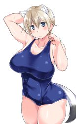 Rule 34 | 10s, 1girl, adjusting clothes, adjusting swimsuit, animal ears, arm behind head, arm up, armpits, blue eyes, blue one-piece swimsuit, blush, brave witches, breasts, breasts apart, cleavage, closed mouth, collarbone, cowboy shot, curvy, embarrassed, hair between eyes, hand up, kuronyan, large breasts, legs together, looking at viewer, nikka edvardine katajainen, old school swimsuit, one-piece swimsuit, parted bangs, plump, raised eyebrows, school swimsuit, short hair, sideboob, silver hair, simple background, solo, standing, strap lift, strike witches, swimsuit, tail, taut clothes, thick thighs, thighs, weasel ears, weasel tail, wet, wet clothes, wet hair, white background, wide hips, world witches series