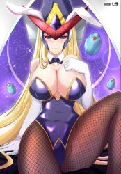 Rule 34 | 1girl, absurdres, android, berkana (mega man), blonde hair, blush, breasts, cleavage, fishnets, hat, highres, large breasts, leotard, long hair, mega man (series), mega man x (series), robarts hallway, robot, thighs, wide hips, witch, witch hat