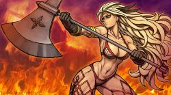 Rule 34 | 1girl, abs, amazon (dragon&#039;s crown), amazon warrior, armlet, armor, armpits, axe, bikini armor, blonde hair, breasts, circlet, dragon&#039;s crown, feather hair ornament, feathers, gloves, hair ornament, highres, large breasts, long hair, luigiix, muscular, muscular female, solo, swimsuit, tattoo, thick thighs, thighs, weapon