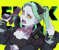 Rule 34 | 1girl, ankh (ankh 05), annoyed, text background, black bra, black hairband, black jacket, bra, colored sclera, commentary request, cyberpunk (series), cyberpunk edgerunners, english text, green hair, gun, hairband, hands up, highres, holding, holding gun, holding weapon, jacket, long hair, long sleeves, middle finger, open clothes, open jacket, open mouth, profanity, rebecca (cyberpunk), red sclera, simple background, solo, teeth, twintails, underwear, upper body, weapon, yellow background